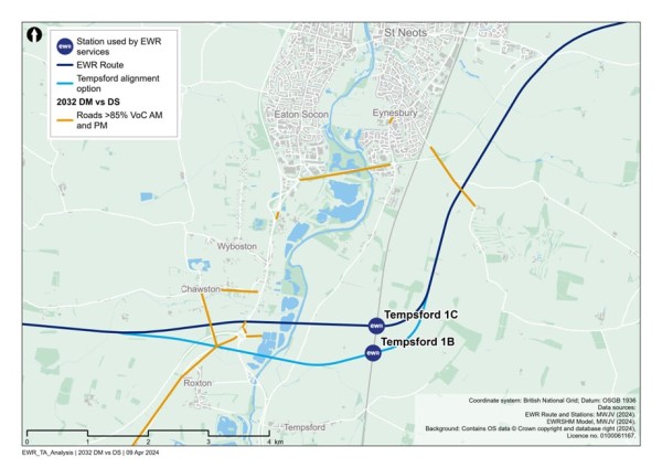 Figure 65 is a comparison of 2032 reference case (no project) vs 2032 with project: additional roads with a VoC >=85% in the Roxton to east of St Neots study area