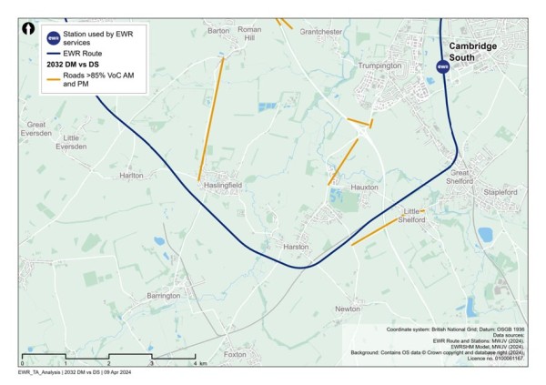 Figure 80 is a comparison of 2032 reference case (no project) vs 2032 with project: additional roads with a VoC >=85% in the Croxton to Toft study area