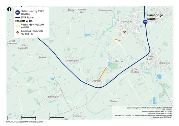 Figure 81 is a comparison of 2034 reference case (no project) vs 2034 with project: additional roads with a VoC >=85% in the Comberton to Shelford study area