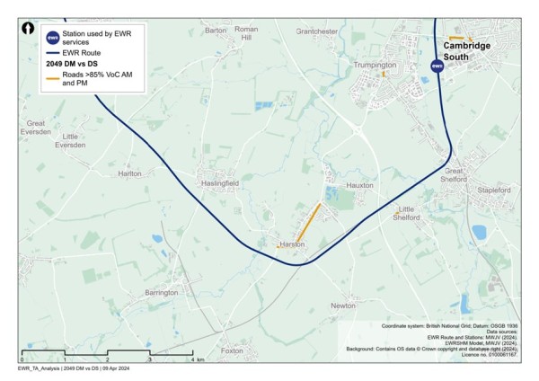 Figure 82 is a comparison of 2034 reference case (no project) vs 2049 with project: additional roads with a VoC >=85% in the Comberton to Shelford study area