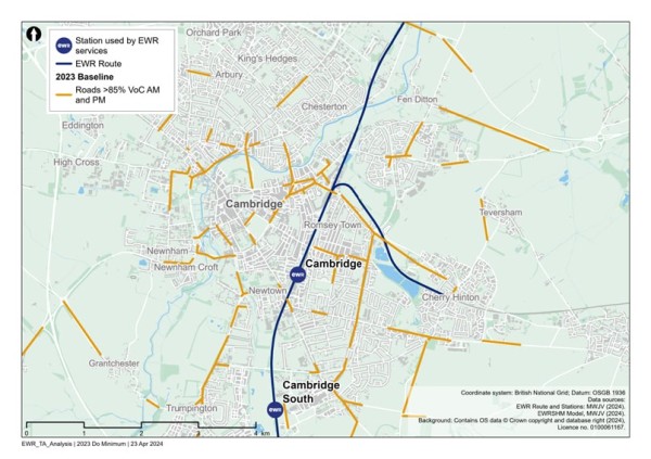 Figure 85 is an image showing roads in the Cambridge study area operating at or over capacity in 2023.