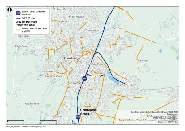 Figure 88 is an image showing roads in the Cambridge study area which are expected to have a VoC >=85% in 2032 (without the project scenario)