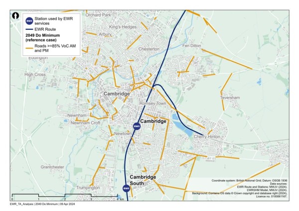 Figure 90 is an image showing roads in the Cambridge study area which are expected to have a VoC >=85% in 2049 (without the project scenario)