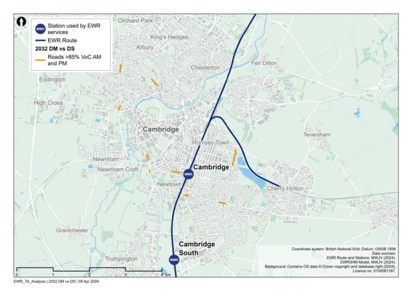 Figure 91 is an image showing roads in the Cambridge study area which are expected to have a VoC >=85% in 2049 (without the project scenario)