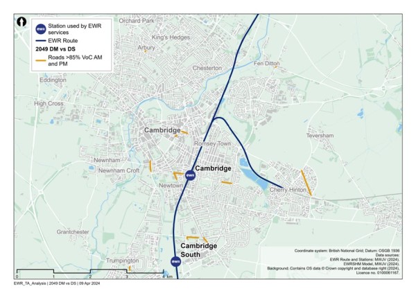 Figure 92 is a comparison of 2034 reference case (no project) vs 2034 with project: additional roads with a VoC >=85% in the Cambridge study area