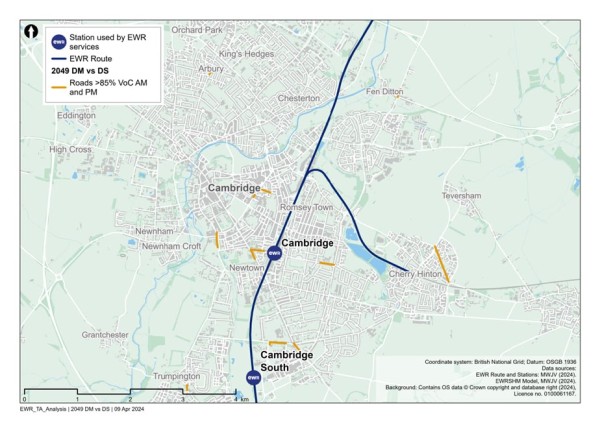 Figure 93 is a comparison of 2049 reference case (no project) vs 2049 with project: additional roads with a VoC >=85% in the Cambridge study area