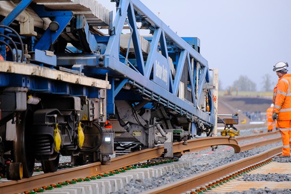 An image of the NTC train in action, laying tracks between Bicester and Bletchley.
