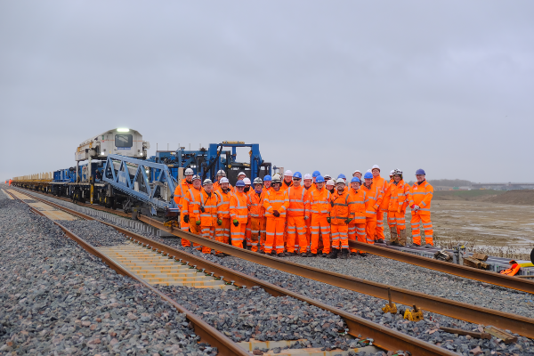 Image of construction workers on train tracks between Bicester and Bletchley