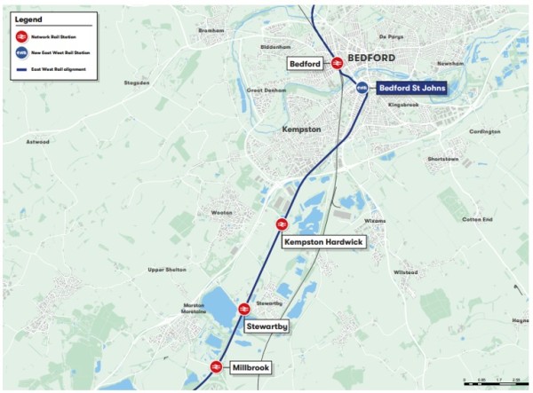 Map of the approach to Bedford, Bedford St Johns and Bedford station