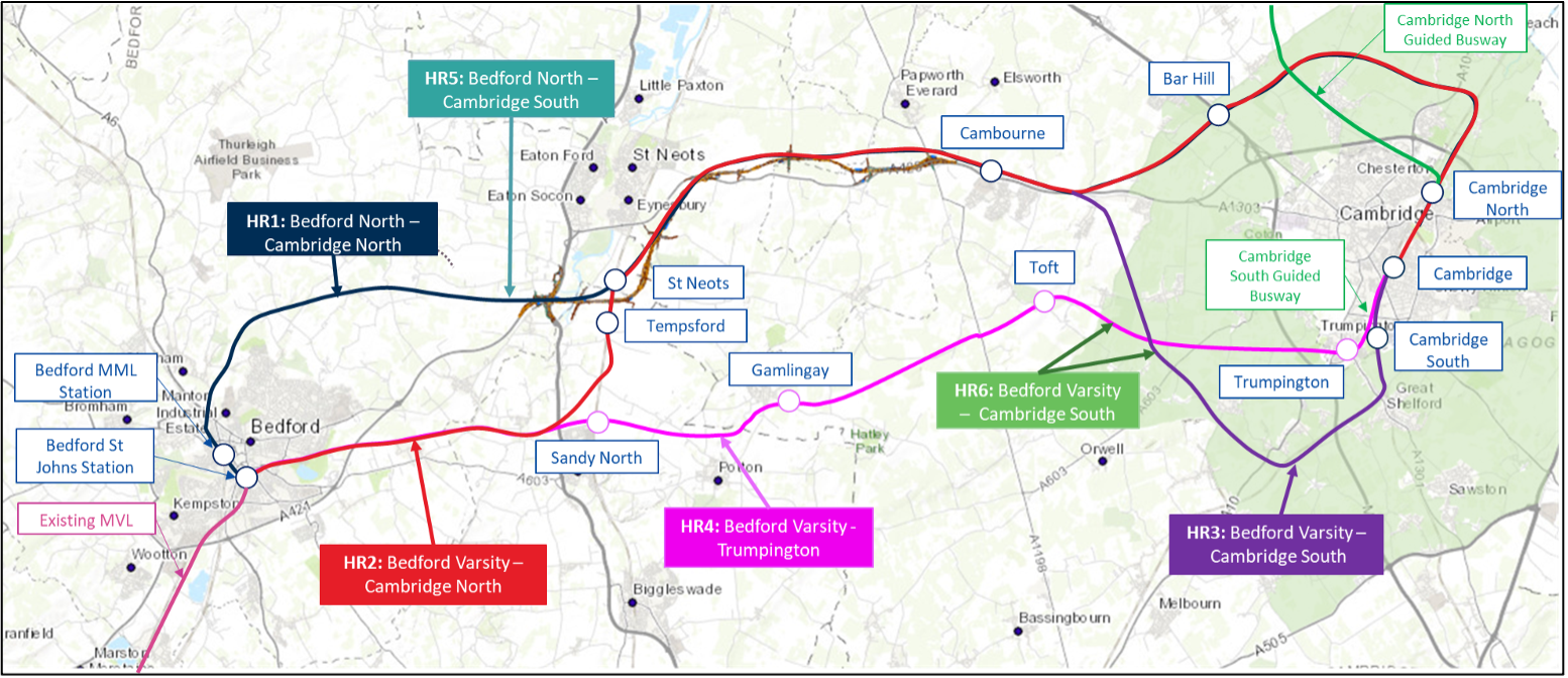 Map of Heavy Rail options between Bedford and Cambridge (Station locations are indicative)