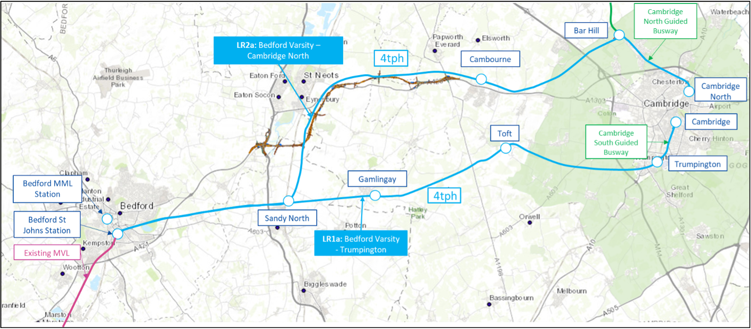 Map of Light Rail options between Bedford and Cambridge (Station locations are indicative)