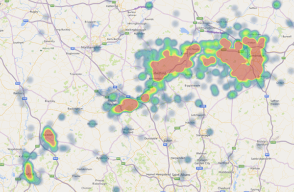 Geographical distribution of all responses with a valid UK postcode (Oxford to Cambridge)