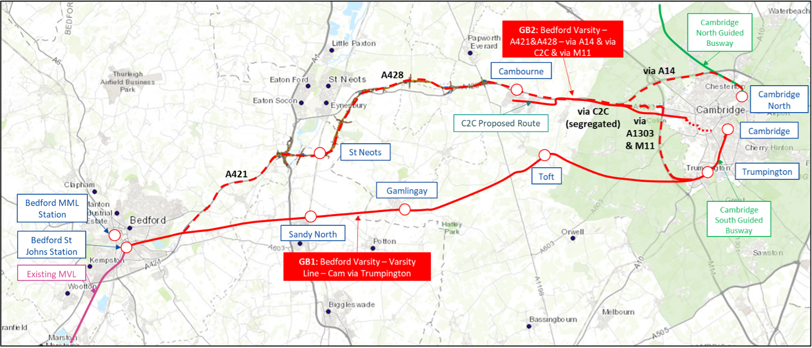 Map of Guided Bus options between Bedford and Cambridge (Station locations are indicative)