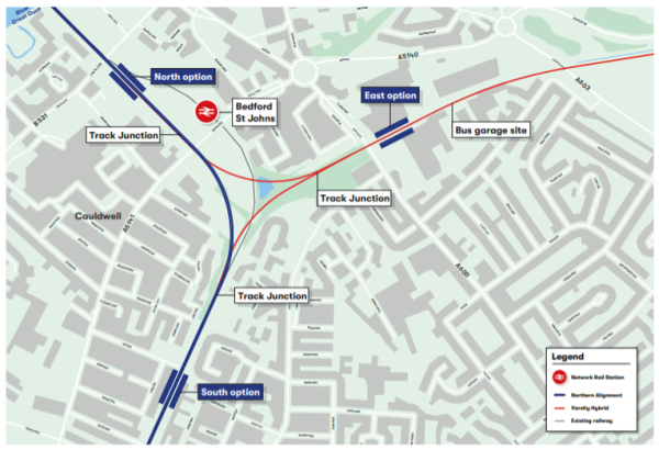 Map showing potential locations for Bedford St Johns station