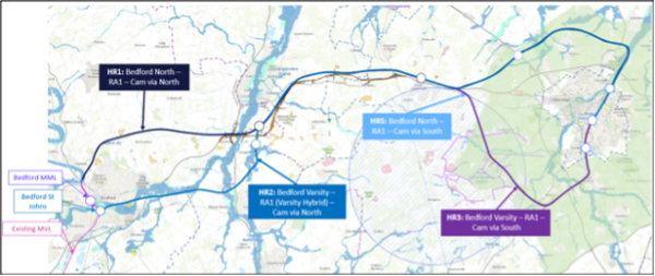 Map depicting the 4 shortlisted options