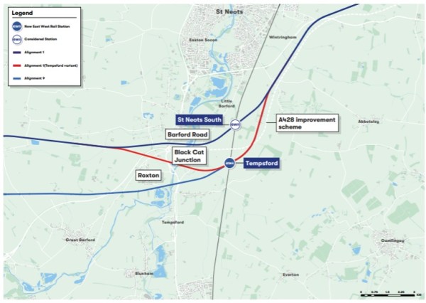 Illustrating Alignments 1, and 9, and showing the Tempsford variant