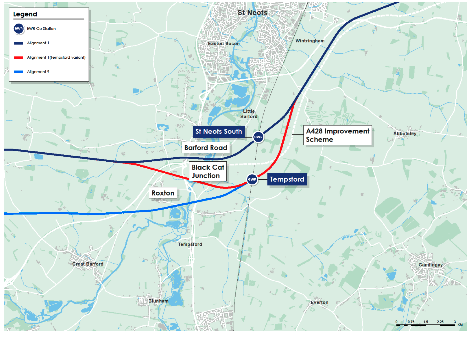  Plan showing Alignment 1, Alignment 1 (Tempsford variant) and 9