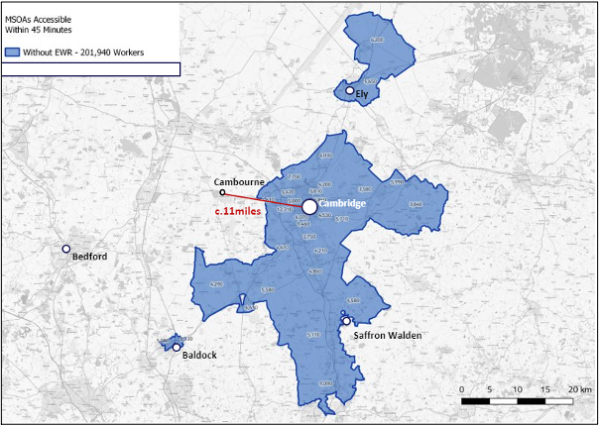 Map of Cambridge labour market catchment area