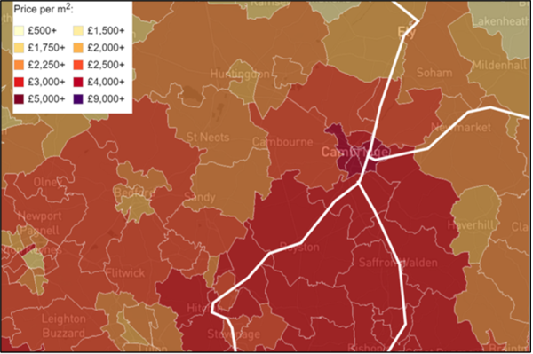 Heat map showing house price per square metre in Cambridge and surrounding areas. Thicker white lines are existing railway lines.