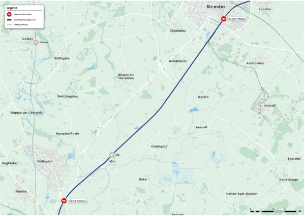 Map of the existing route from Oxford Parkway to Bicester