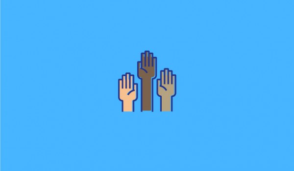 A set of hands being help up on a blue background 
