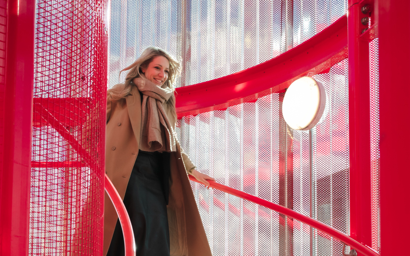 Hannah walking down stairs