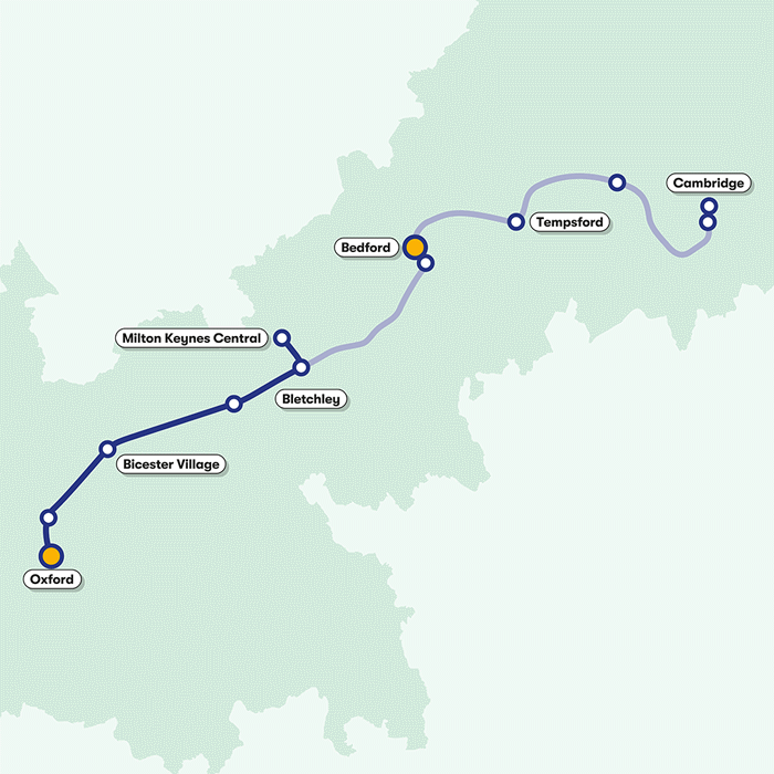 GIF of map connecting Oxford to Bedford