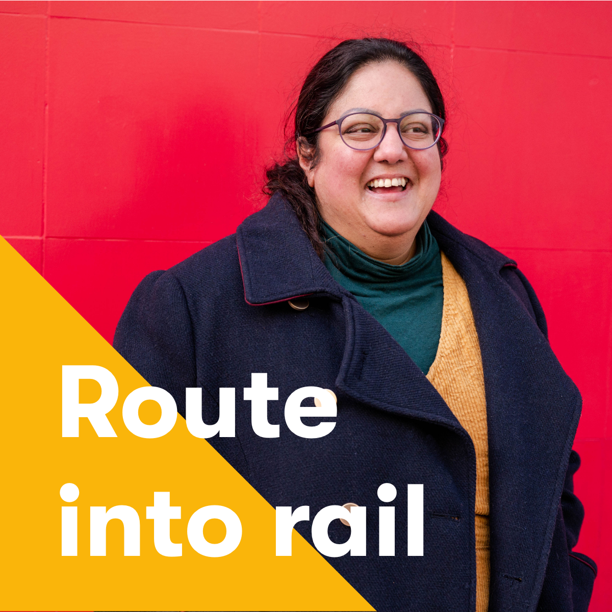 Tanya laughing with route into rail text over the image
